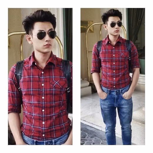 Áo sơ mi kẻ phối với quần jean rất nam tính.