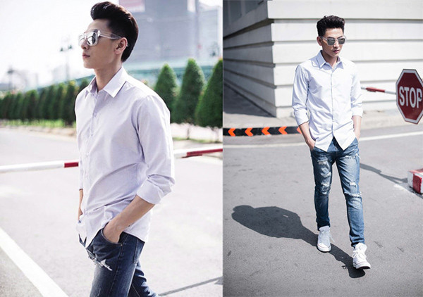 Nam ca sĩ trông bảnh bao trong áo sơ mi trắng và quần jeans rách.