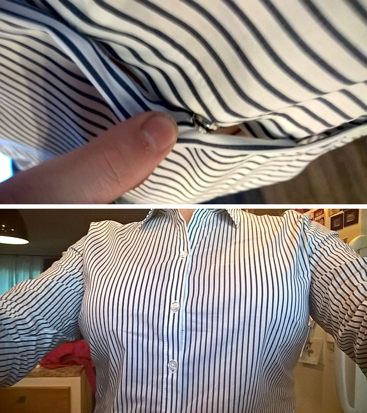 Mẹo mặc áo sơ mi không bị “lộ hàng”: Để giải quyết vấn đề này, các chị em chỉ cần đính thêm một chiếc cúc bấm nhỏ giữa hai cúc áo để cố định lại phần bị hở.