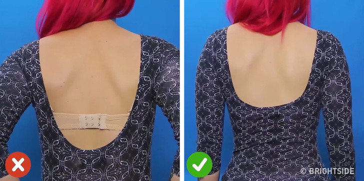  Mẹo dùng áo ngực khi mặc váy hở lưng: Để che giấu dây áo ngực, bạn hãy dùng một đoạn dây nối áo ngực bằng thun và có độ dài phù hợp. Sau đó gắn dây nối với chiếc áo ngực và cuốn quanh bụng để giấu dây áo.