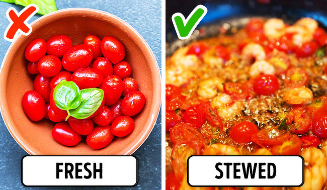 Cà chua: Mặc dù chúng ta sẽ mất một số vitamin C khi nấu cà chua nhưng nó sẽ làm tăng hàm lượng lycopene, chất chống oxy hóa mạnh nhất.