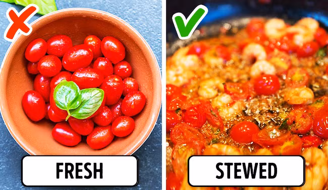 Cà chua: Mặc dù chúng ta sẽ mất một số vitamin C khi nấu cà chua nhưng nó sẽ làm tăng hàm lượng lycopene, chất chống oxy hóa mạnh nhất.