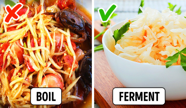 Bắp cải: Carotene và chất chống oxy hóa biến mất trong bắp cải khi nó được đun sôi. Tuy nhiên khi lên men loại rau này, hàm lượng vitamin C tăng và xuất hiện axit lactic giúp cơ thể tiêu hóa protein.