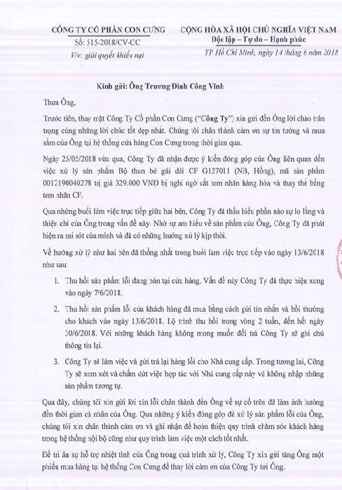 Con Cưng đã gửi thư xin lỗi và phiếu mua hàng trị giá 1.000.000 đồng cho ông Vĩnh, nhưng ông vẫn không chấp nhận. Ảnh: Nhân vật cung cấp.