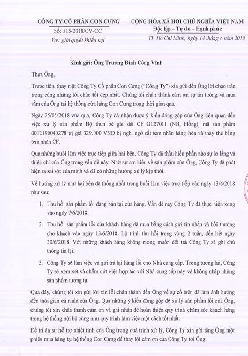 Con Cưng đã gửi thư xin lỗi và phiếu mua hàng trị giá 1.000.000 đồng cho ông Vĩnh, nhưng ông vẫn không chấp nhận. Ảnh: Nhân vật cung cấp.