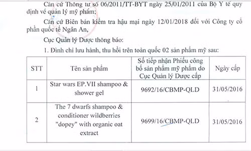 Thu hoi tren toan quoc dau goi, dau xa cua Cong ty CP Quoc te Ngan An