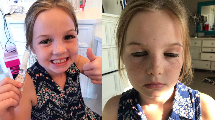 Cô bé này đã dùng keo dán để gắn lông mi thay vì keo lông mi.