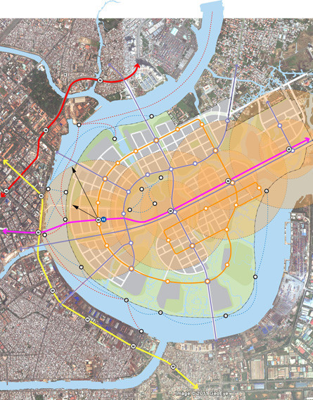 Hệ thống giao thông với 4 tuyến đường chính trong khu đô thị Thủ Thiêm gồm: đại lộ vòng cung (6 làn xe); đường ven hồ trung tâm (4 làn xe); đường ven sông Sài Gòn (2 làn xe) và đường vùng châu thổ, tổng chiều dài gần 12 km. Đại lộ Mai Chí Thọ (đường màu hồng) thuộc tuyến Đại lộ Đông Tây với 12 làn xe đưa vào sử dụng năm 2011, là tuyến đường xương sống chia đôi khu đô thị mới Thủ Thiêm.