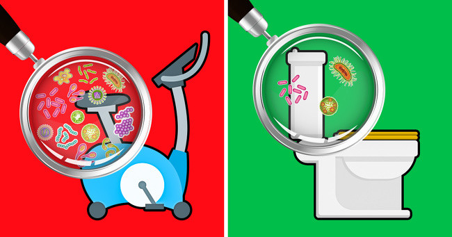 Phòng tập thể dục chứa nhiều vi khuẩn hơn trong phòng tắm: Nhóm nghiên cứu tại phòng tập thể dục Fitrated.com phát hiện ra rằng nguy cơ bị nhiễm trùng trong phòng tập thể dục lớn hơn nhiều so với phòng vệ sinh công cộng. Theo đó, vi khuẩn trong phòng tập thể nhiều hơn 326 lần so với phòng vệ sinh.