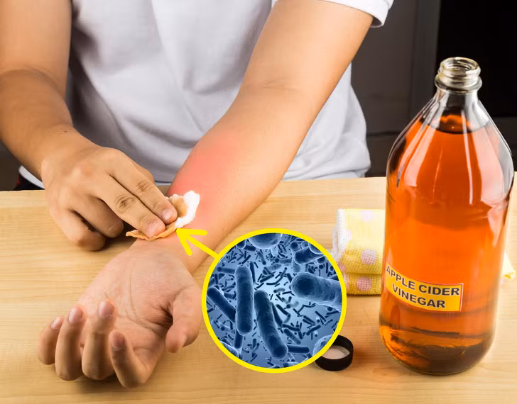 Dấm táo có thể chữa lành các bệnh ngoài da như mụn trứng cá, nấm da. Ngoài ra, nó cũng có thể làm dịu vết cháy nắng hoặc côn trùng cắn. Chỉ cần lấy miếng bông tẩm dấm táo và bôi lên da 2 lần/ngày.