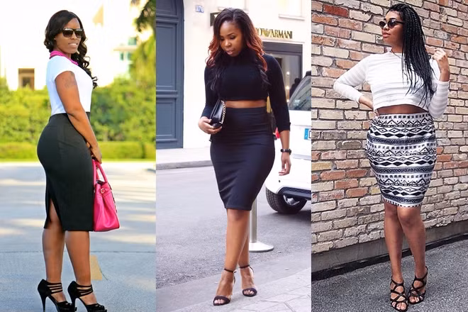 Những chiếc chân váy bút chì giúp các nàng mập khoe được đường cong quyến rũ mà những cô gái mảnh dẻ phải mơ ước. Bạn nên chọn chân váy có chất liệu dày dặn, phần cạp to bản để đai chặt vòng eo và mix với áo phông ôm người.