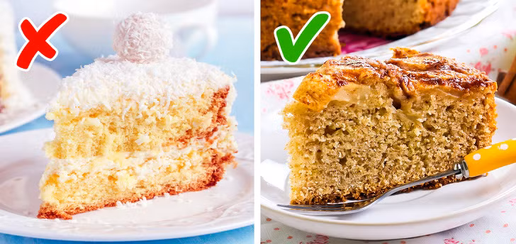 Bánh ngọt: Theo quy luật, những người muốn giảm cân phải ngừng ăn bánh nướng xốp và bánh ngọt vì chúng chứa nhiều đường và calo. Nhưng có một số thủ thuật nhất định giúp bạn vẫn thưởng thức món đồ ngọt yêu thích của mình mà không gây tăng cân. Ví dụ, bạn có thể thay thế bột mì có hàm lượng calo cao bằng ngô, lanh, kiều mạch, lúa mạch đen hoặc bột yến mạch. Sử dụng đường ăn kiêng thay vì đường và chất béo thực vật (ô liu hoặc hướng dương) thay vì bơ và bơ thực vật. Ảnh: BS.