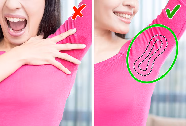 Lau khô nách: Mùa hè nóng bức thường khiến nách đổ mồ hôi ẩm ướt. Do vậy, chúng ta có thể khéo léo dán miếng băng vệ sinh bên trong để thấm hút mồ hôi.