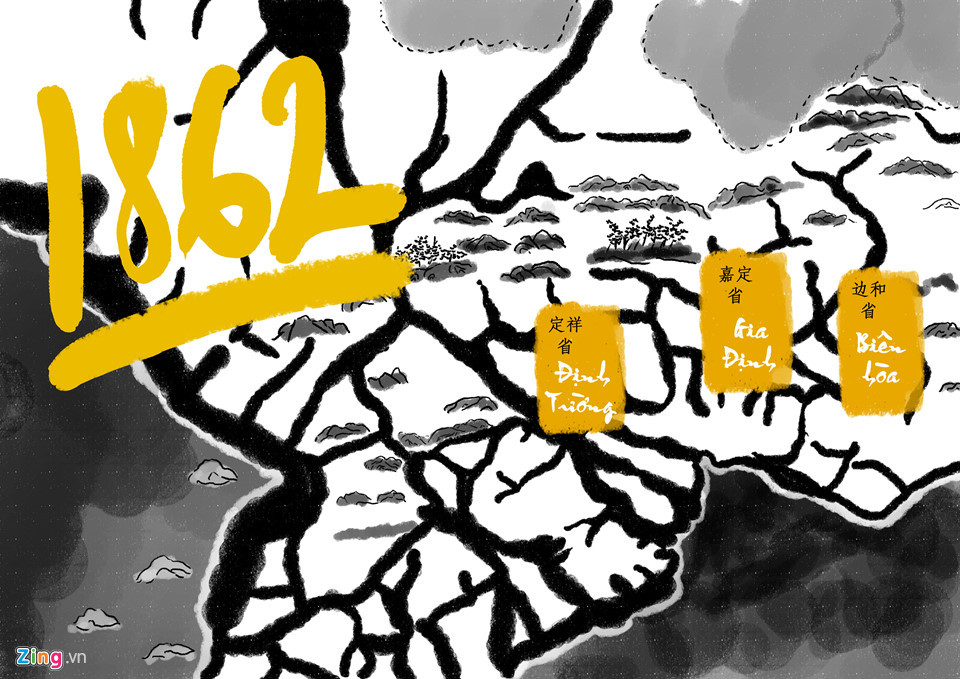 Nhâm Tuất (1862): Ngày 5/6/1862, triều đình nhà Nguyễn đứng đầu là vua Tự Đức, ký bản hoàn ước Nhâm Tuất với thực dân Pháp, dâng ba tỉnh miền Nam (Gia Định, Định Tường, Biên Hòa). Khi ký vào bản hòa ước này, nhà Nguyễn hy vọng thực dân Pháp sẽ không xâm chiếm thêm những vùng đất khác của nước ta. Nhưng sau khi nuốt trọn 3 tỉnh miền Đông, quân Pháp tiếp tục nổ súng xâm lược những vùng đất khác của Đại Nam.