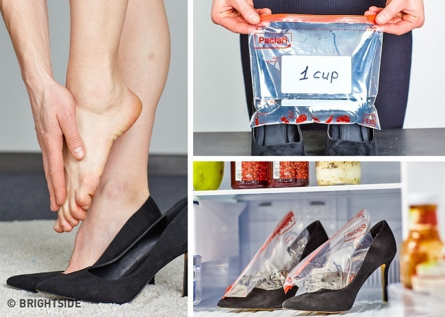 Khi mua phải những đôi giày quá chật, bạn hãy lấy một ít nước cho vào túi zip, nhét nó vào giày và để nó vào trong tủ đá. Nước sẽ đông thành đá và dần dần mở rộng giày của bạn.