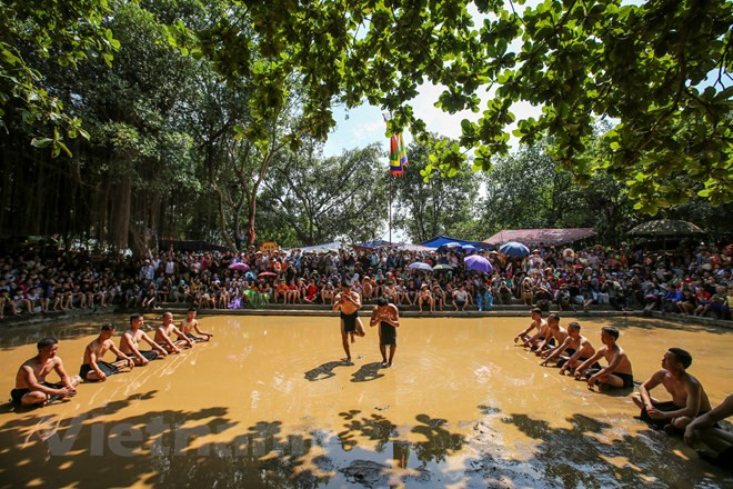 Hai đội tranh cướp một quả cầu bằng gỗ lim, đường kính khoảng 40cm rồi tìm cách đẩy vào hố ở phần sân đối phương. Quả cầu này được lưu truyền trong đình làng từ đời này qua đời khác. (Ảnh: Minh Sơn/Vietnam+)