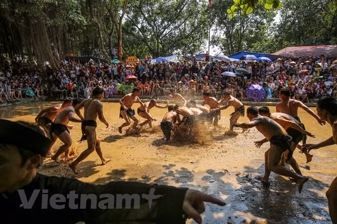 Vật cầu bùn lễ hội độc đáo diễn ra hai năm một lần vào các ngày 12, 13 và 14/4 Âm lịch. Bên tấn công phải có trách nhiệm đẩy được cầu xuống hố của bên phòng thủ, tuy nhiên giáp dưới không bao giờ được đẩy cầu xuống hố của giáp trên. (Ảnh: Minh Sơn/Vietnam+)