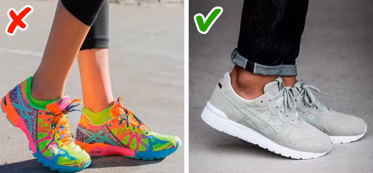 Kết hợp quá nhiều màu sắc: Một đôi giày sang chảnh sẽ dùng không quá hai màu. Màu sắc sặc sỡ chỉ khiến cho đôi giày của bạn trông nực cười và rẻ tiền mà thôi.