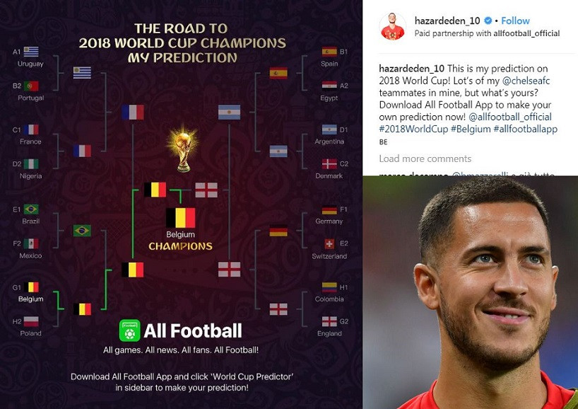 Không đúng hoàn toàn chi tiết nhưng về mặt tổng thể, Hazard đoán kịch bản World Cup 2018 chuẩn không cần chỉnh (Ảnh: Instagram).