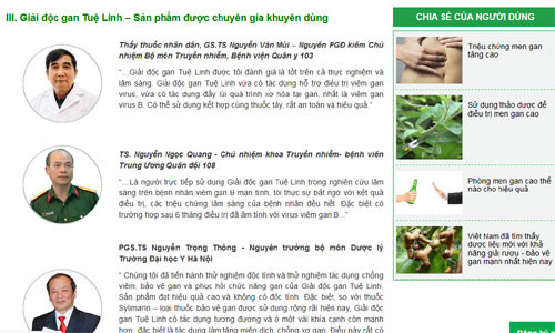 Website có tên giaidocgan.vn quảng cáo Giải độc gan Tuệ Linh sử dụng hình ảnh của các chuyên gia, bác sỹ đầu ngành tại Việt Nam.