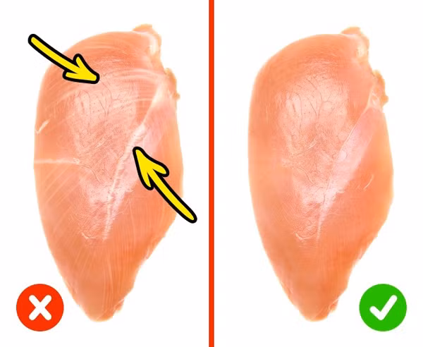 Khi chọn thịt gà, nếu nhận thấy các vệt trắng và lớp mỡ dày trên ức gà chứng tỏ gà bị tiêm hormone tăng trưởng. Ngoài ra nếu thịt không có màu hồng, ngả vàng thì thịt đó không tươi. Một miếng thịt gà ngon là không quá mềm và có màu hồng tươi.