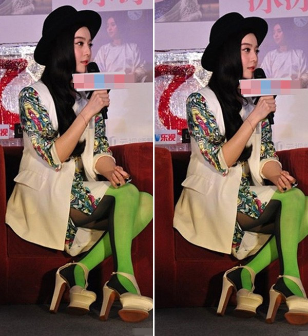 Phạm Băng Băng kém sang trọng trong set đồ lòe loẹt gồm tất hai màu kết hợp váy họa tiết.