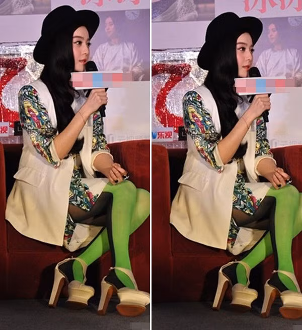 Phạm Băng Băng kém sang trọng trong set đồ lòe loẹt gồm tất hai màu kết hợp váy họa tiết.