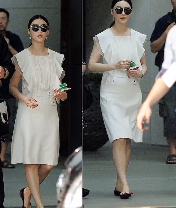 Khi diện váy thiết kế điệu ở ngực và cánh tay đi cùng giày bệt, nhiều người phải "ngán ngẩm" về cách chọn đồ lộ vòng eo to của Phạm Băng Băng.