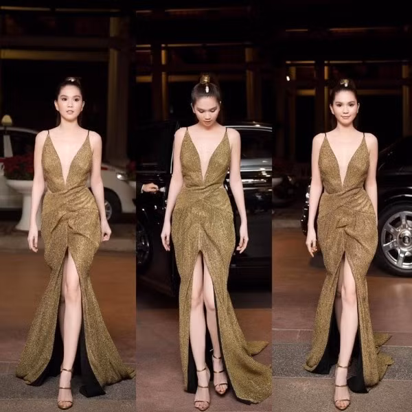 Ở một số sự kiện khác, Trinh vẫn cố diện cho được chiếc đầm hai dây yêu thích, biến tấu một chút bằng cách xẻ sâu để gây ấn tượng.