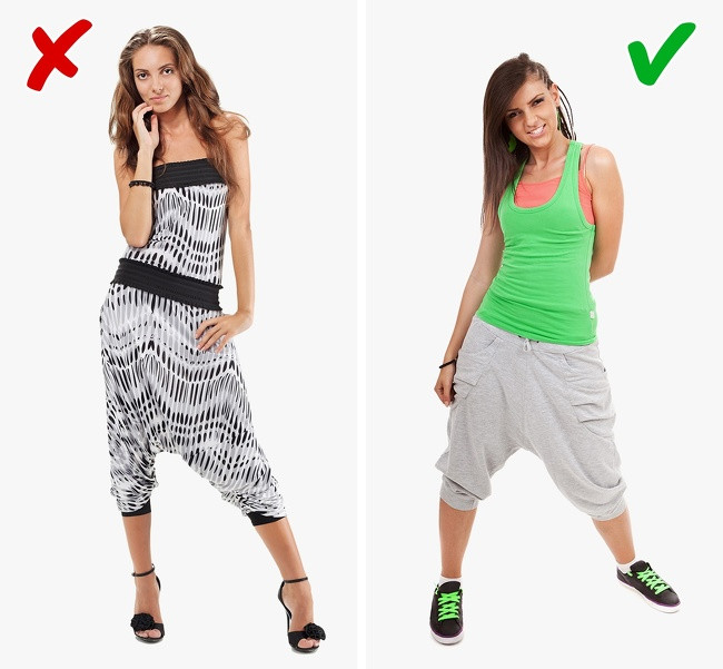 Chiếc quần harem với phần đũng thụng, rộng rãi phần đùi và ôm sát bắp chân tạo nên kiểu dáng khá lôi thôi. Nó thường làm mất dáng người mặc.