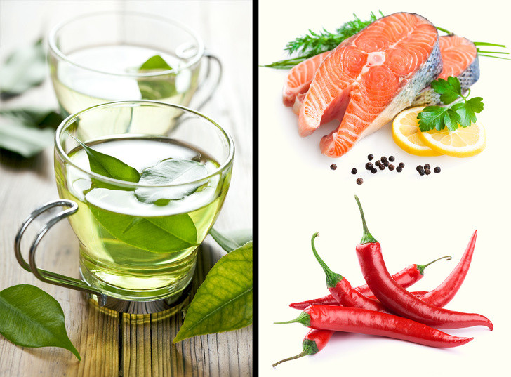 Hãy ăn các sản phẩm làm tăng sự trao đổi chất như uống 4 tách trà xanh mỗi ngày. Cá và ớt cay là một trong những thực phẩm khác giúp bạn đốt cháy chất béo cơ thể.