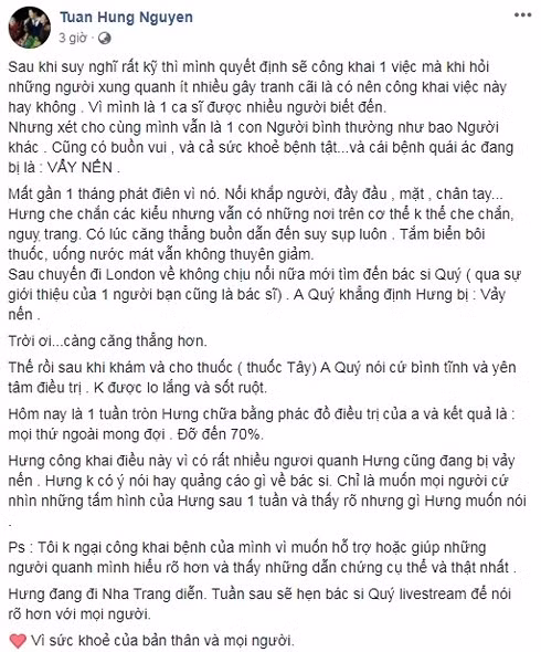 Phong tranh benh quai ac ca si Tuan Hung dang mac phai the nao?