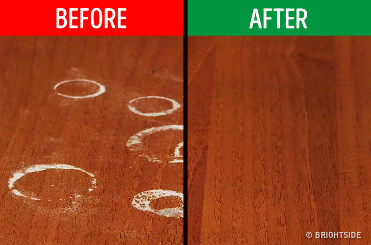 Xoa mayonnaise lên bề mặt gỗ và lau bằng vải cho đến khi các vật dụng bằng gỗ bóng loáng như mới.