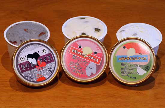 Kem vị chim, Nhật Bản: Quán cà phê Torimi ở Kobe có nhiều loại kem với vị được lấy cảm hứng từ các loài chim, như vẹt xám, chim sẻ hay vẹt đuôi dài.