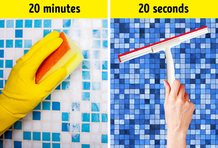 Đừng để tường phòng tắm ướt: Sau khi tắm xong, quét hết nước khỏi tường bằng một cái chổi. Nhờ mẹo này, bạn sẽ không cần phải lãng phí thời gian kỳ cọ bằng bàn chải.