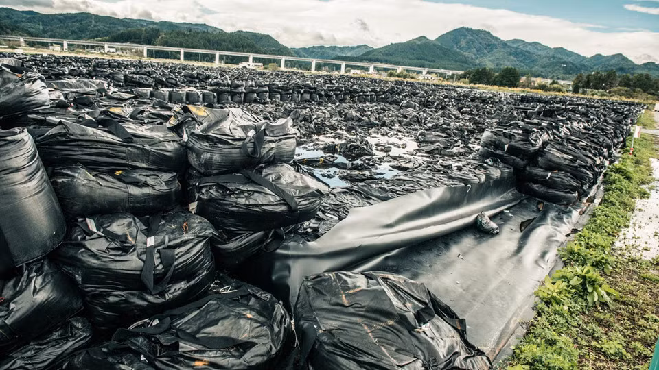 Đến năm 2016, Nhật Bản đã dỡ bỏ lệnh di tản ở nhiều vùng ở Fukushima, nhưng chỉ có khoảng 15% người dân quay trở lại đây sinh sống dù được trợ cấp mỗi tháng. Trong hình là những túi đen chứa đất nhiễm phóng xạ xếp chồng để tiết kiệm diện tích.