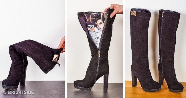 Nếu bạn có đôi boot mềm thì hãy lấy một tạp chí hay sách báo cứng bỏ đi, cuộn nó lại để đặt trong ống chiếc giày. Giấy cứng sẽ giúp đôi giày giữ đúng dáng, không bị nhăn.