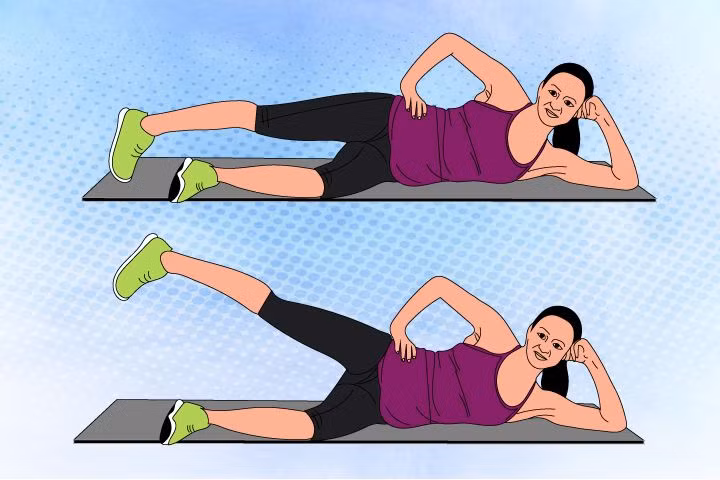 Nằm đá chân: Nằm trên thảm và tay phải chống đầu. Hít thật sâu và từ từ nâng chân trái lên. Giữ 10 giây và sau đó lặp lại 5 lần. Thực hiện tương tự với bên còn lại.