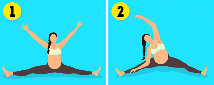 Bài tập nghiêng người giúp dạ dày khỏe mạnh, giảm đau lưng và hông. Ngồi dạng chân hình chữ V, nhấn lòng bàn tay xuống sàn nhà. Sau đó, bạn nên nâng cao lòng bàn tay trên đầu và từ từ uốn cong hông sang phải. Đếm đến 10 và sau đó đổi bên. Thực hiện 5 lượt cho cả hai bên.