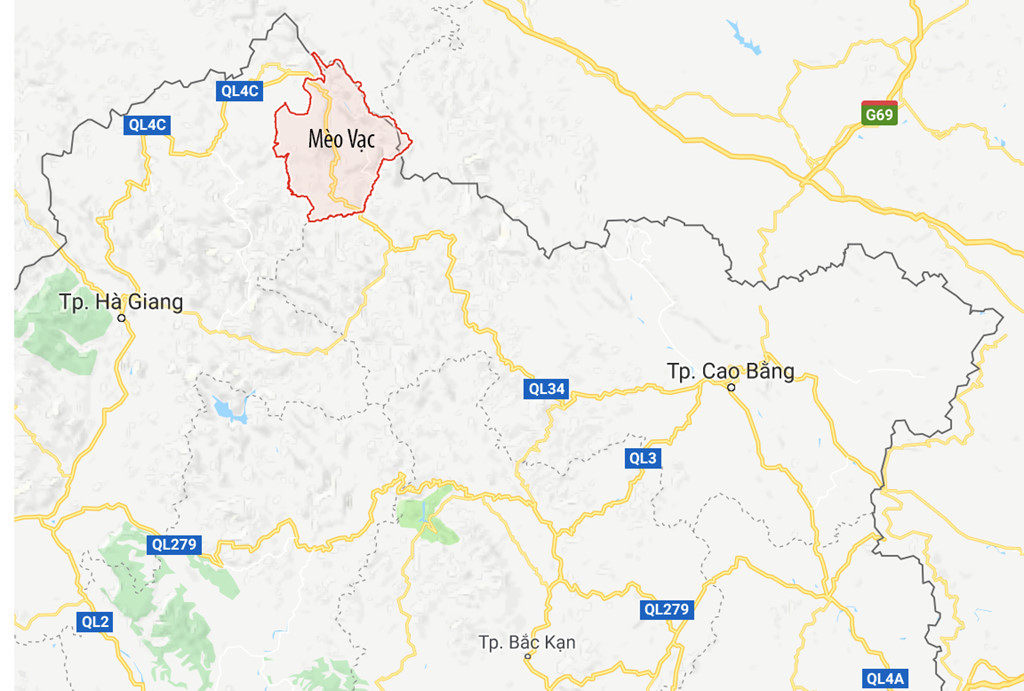 Huyện biên giới Mèo Vạc cách TP Hà Giang khoảng 150 km về phía đông bắc. Ảnh: Google Maps.