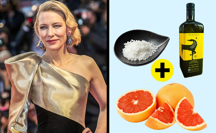 Tẩy tế bào chết của Cate Blanchett: Nữ diễn viên điện ảnh nổi tiếng người Úc có cách tẩy tế bào chết cho cơ thể bằng cách trộn nước bưởi và dầu ô liu với muối biển. Cách này làm cho làn da bạn sạch bụi bẩn, mềm mại và dưỡng ẩm.