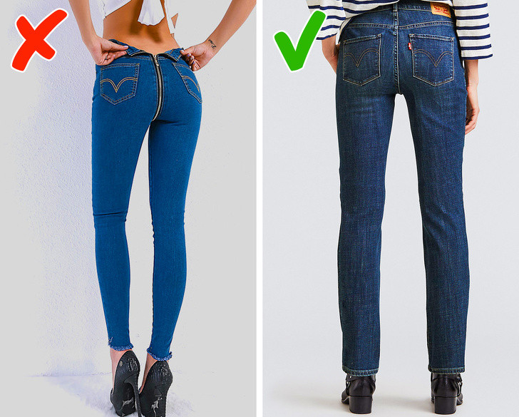 Quần jean kéo khóa sau lưng: Ban đầu, loại quần này chiếm được khá nhiều cảm tình khi mới ra mắt. Tuy nhiên, món đồ này giờ đây đã lỗi thời và không phù hợp nữa.