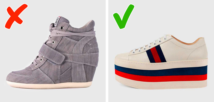 Giày thể thao độn đế bên trong: Lợi thế duy nhất của những đôi giày này là chúng làm cho bạn cao hơn vài phân. Tuy nhiên, chúng khá cồng kềnh và khó kết hợp với các trang phục khác.