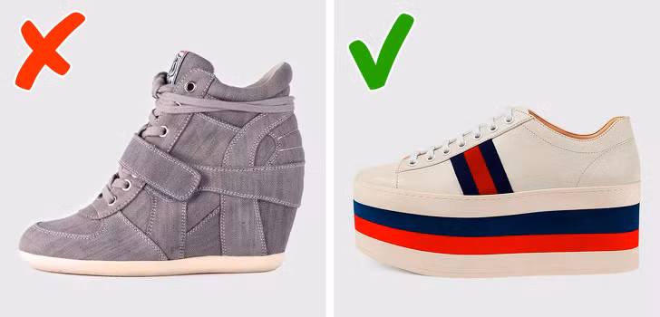 Giày thể thao độn đế bên trong: Lợi thế duy nhất của những đôi giày này là chúng làm cho bạn cao hơn vài phân. Tuy nhiên, chúng khá cồng kềnh và khó kết hợp với các trang phục khác.