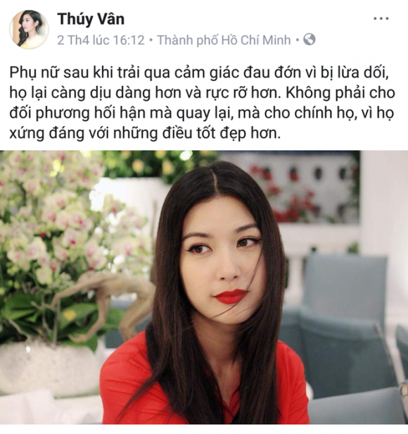 Thuý Vân từng đăng status ngụ ý bị lừa dối ngay khi bạn trai cũ công khai mối quan hệ tình cảm với Lan Khuê.