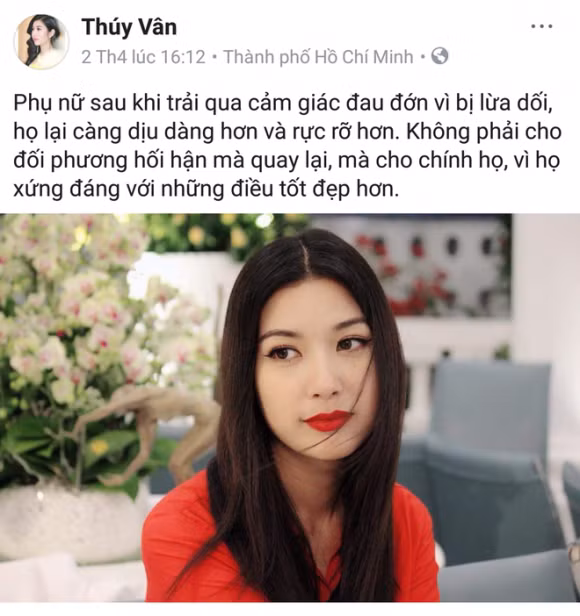Thuý Vân từng đăng status ngụ ý bị lừa dối ngay khi bạn trai cũ công khai mối quan hệ tình cảm với Lan Khuê.