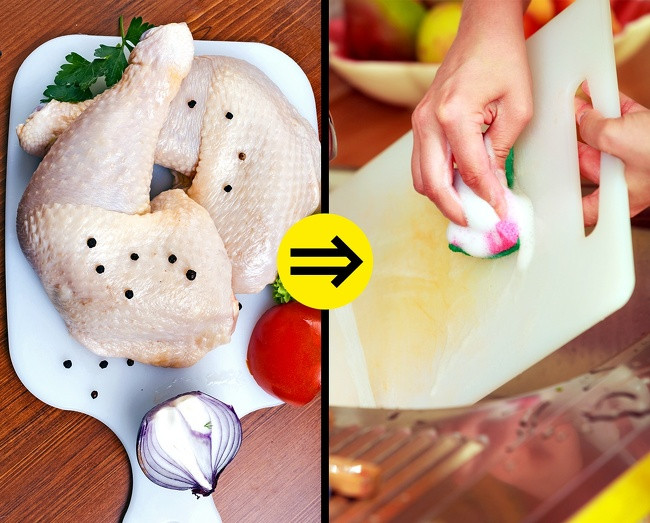 Thịt gà: Một giọt nước ép từ thịt gà sống có đủ số vi khuẩn Campylobacter để gây hại cho một người. Vi khuẩn này gây sốt và các vấn đề về tiêu hóa. Nên rửa dao và thớt chặt thịt gà bằng nước sôi.