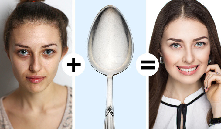 Thìa trị quầng thâm mắt: Để loại bỏ sưng và bọng mặt, đặt thìa kim loại lạnh trên đôi mắt của bạn trong 10 phút trước.
