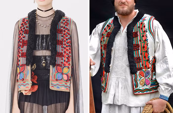 Thiết kế thời trang mới của Dior (trái) rất giống với mẫu áo của người Bihor (phải).