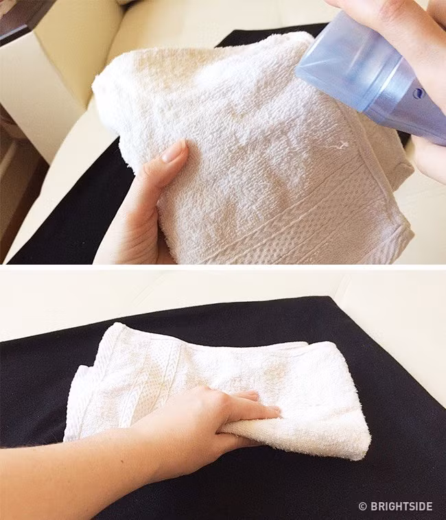 Keo xịt tóc có thể giúp loại bỏ lông chó mèo từ quần áo bằng cách lấy một chiếc khăn xịt một ít keo xịt tóc lên đó và chà nó lên quần áo. Ảnh: BS. Video "Mù mờ thông tin thu hồi mỹ phẩm chứa chất cấm". Nguồn: VTC14.